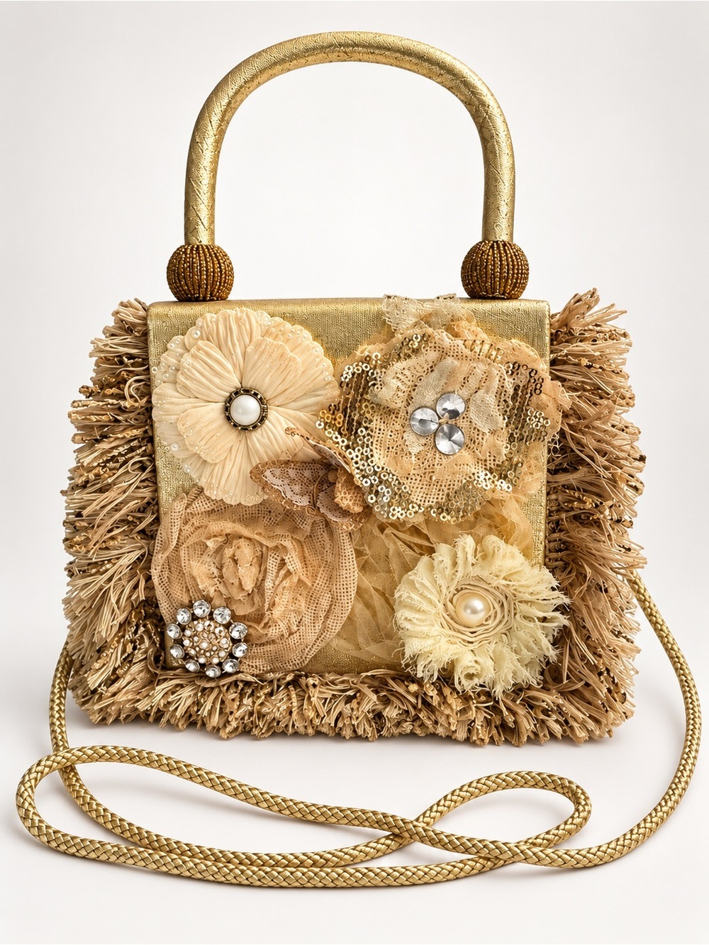 Gold Embellished Floral Top Handle Bag Crossbody Fringe Sequins